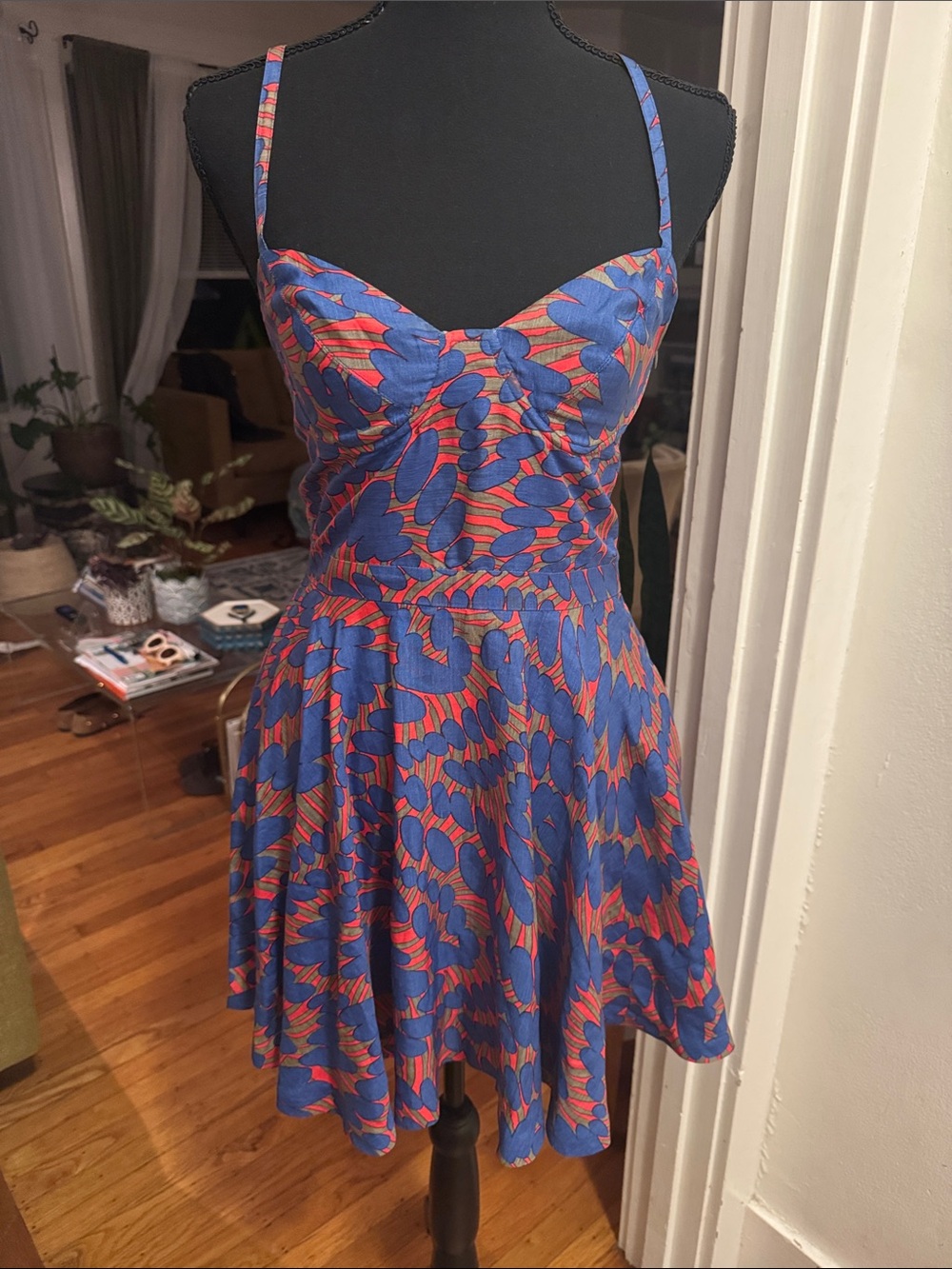 Rachel Comey Blue and Red Printed Spaghetti-Strap Mini Dress